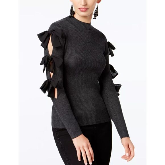 Black Sz Medium Casual or Dress Stretchy Ribbed Mock Neck Split Sleeve Sweater - Picture 1 of 4